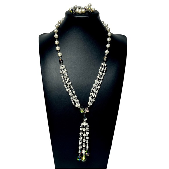 VTG 60's Aurora Borealis Pearl Tassel Matinee Necklace & Earrings Set - Picture 1 of 10